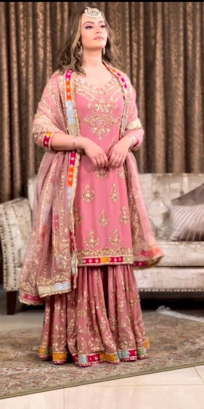 Magnificent Pink Color Georgette Embroidery Work Sharara Suit