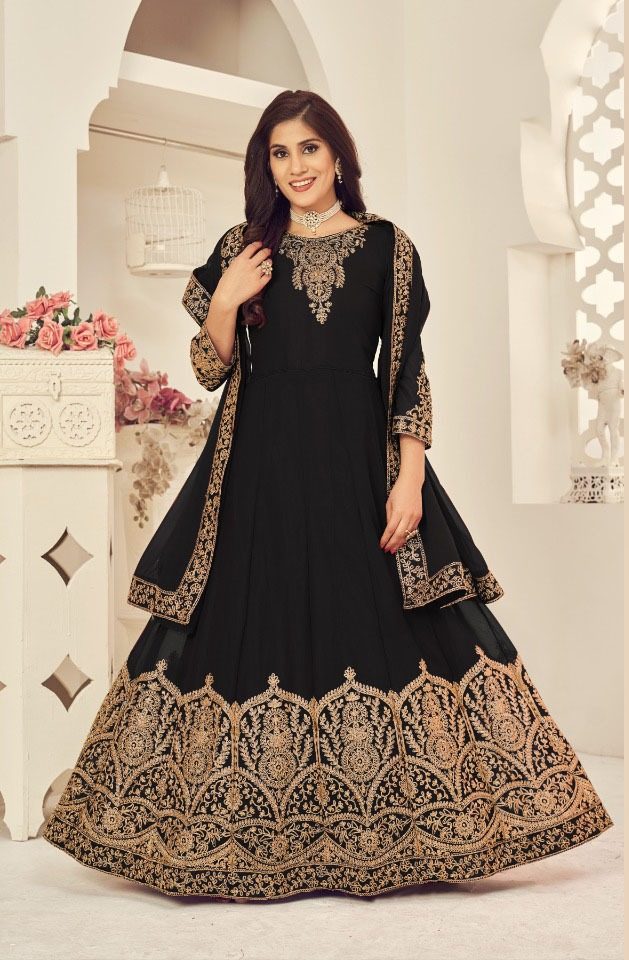 Marvelous Black Color Georgette Cording Stone Work Anarkali Suit