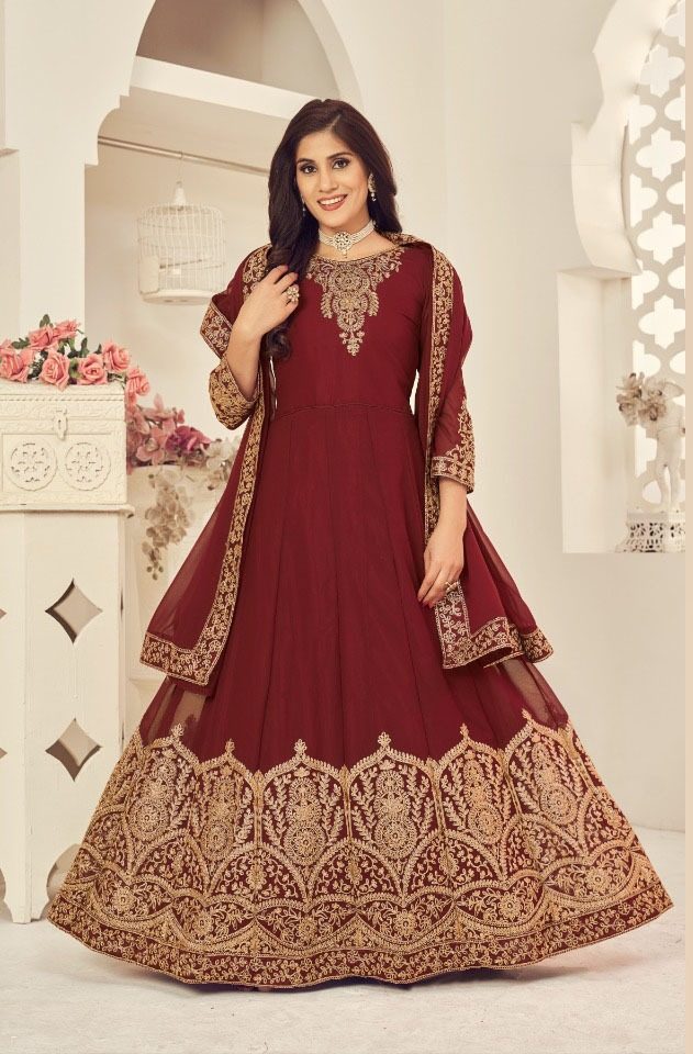 Marvelous Maroon Color Georgette Cording Stone Work Anarkali Suit