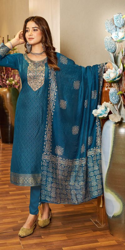 Mesmerizing Blue Color Rayon Embroidery Work Printed Kurti