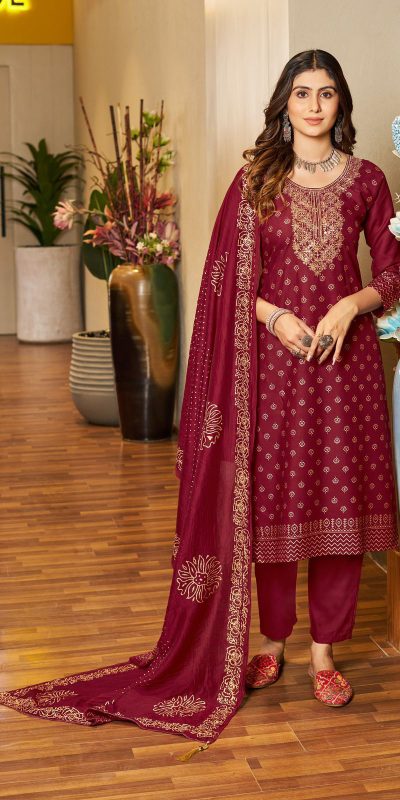 Mesmerizing Maroon Color Rayon Embroidery Work Printed Kurti