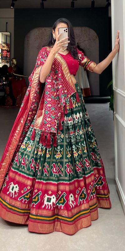 Exclusive Green Color Tussar Silk Patola Foil Printed Lehenga Choli