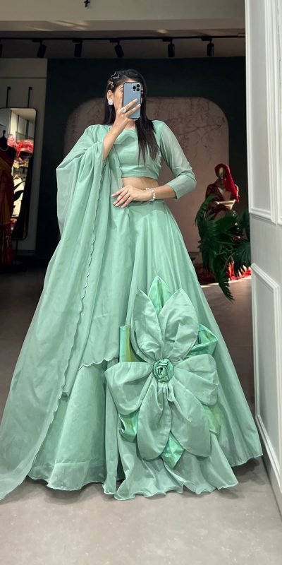 Exclusive Parrot Green Color Rajwadi Chanderi Silk Lehenga Choli