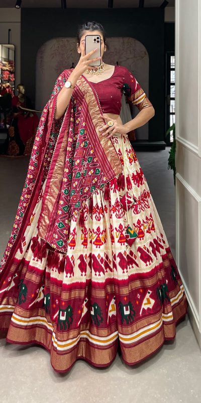 Exclusive Off White Color Tussar Silk Patola Printed Lehenga Choli