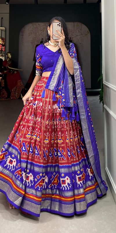 Exclusive Red Color Tussar Silk Patola Foil Printed Lehenga Choli