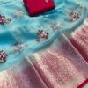 Perfect Blue Color Nylon Organza Jacquard Embroidered Saree