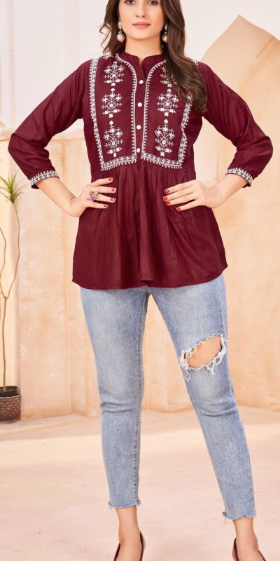 Perfect Maroon Color Heavy Rayon Embroidery Work Kurti