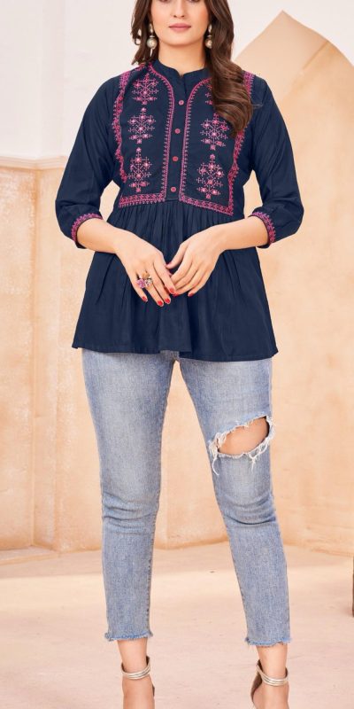 Perfect Navy Blue Color Heavy Rayon Embroidery Work Kurti