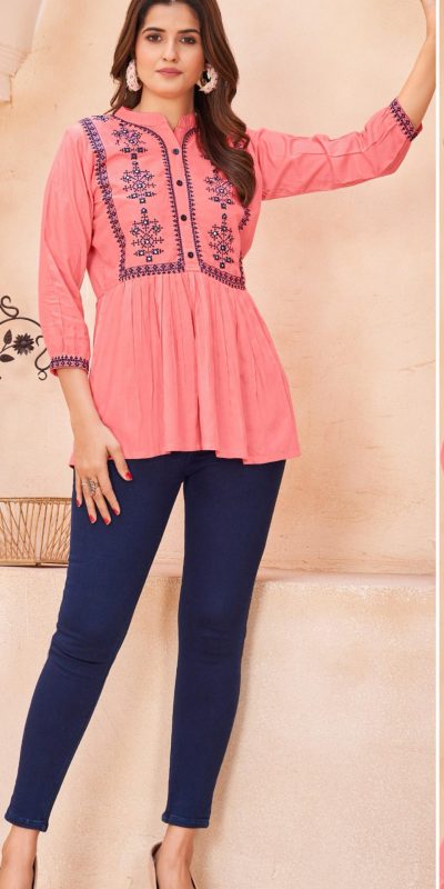 Perfect Pink Color Heavy Rayon With Embroidery Kurti
