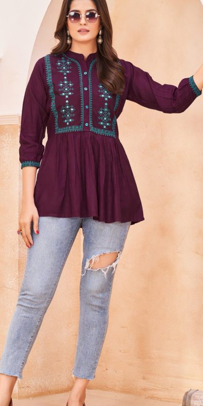 Perfect Wine Color Heavy Rayon Embroidery Work Kurti