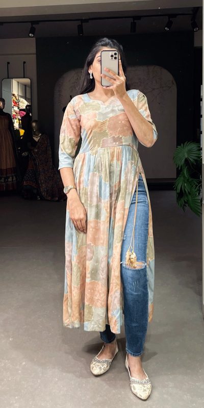 Pretty Chiku Color High Quality Rayon Cotton With Foil and Printed Drawstring With Tassels Kurti