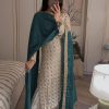 Pretty White Color Sequence Salwar Suit With Peacock Blue Dupatta