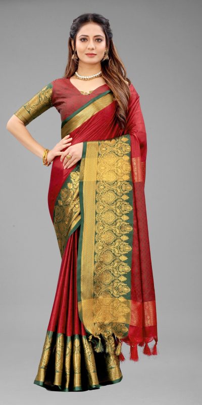 Resplendent Red Color Pure Mercerized Cotton Silk Saree
