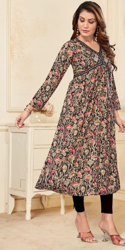 Special Look Black Color Heavy Rayon Print with Foil Work Kurti