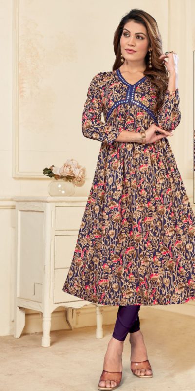 Special Look Blue Color Heavy Rayon Print with Foil Work  Kurti