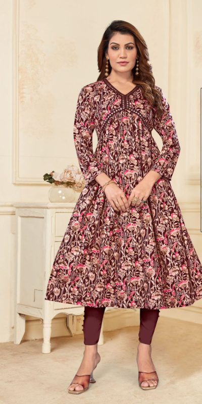 Special Look Coffee Color Heavy Rayon Print with Foil Work Kurti