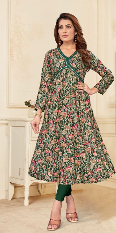 Special Look Green Color Heavy Rayon Print with Foil Work Kurti