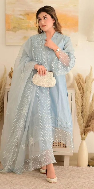 Special Look Light Blue Jam Cotton Embroidery Work Sharara Suit