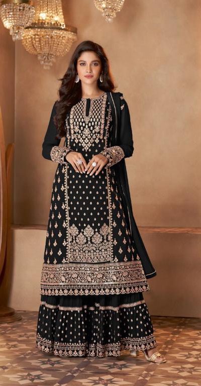 Stylish Black Color Georgette Sequins Work Sharara Suit