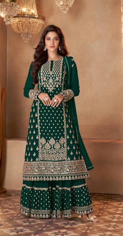 Stylish Green Color Georgette Sequins Work Sharara Suit