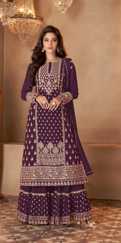 Stylish Maroon Color Georgette Sequins Work Sharara Suit