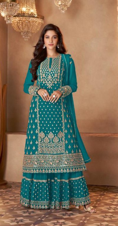 Stylish Peacock Blue Color Georgette Sequins Work Sharara Suit