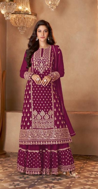 Stylish Wine Color Georgette Sequins Work Sharara Suit