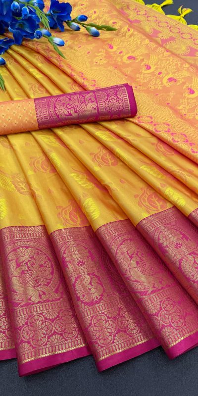 Traditional Yellow Color Soft Kanjivaram Jacquard Weaving Saree
