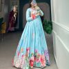 Marvelous Blue Color Tussah Silk Floral Printed gown