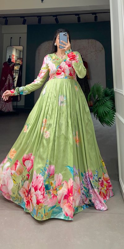 Marvelous Green Color Tussah Silk Floral Printed Gown
