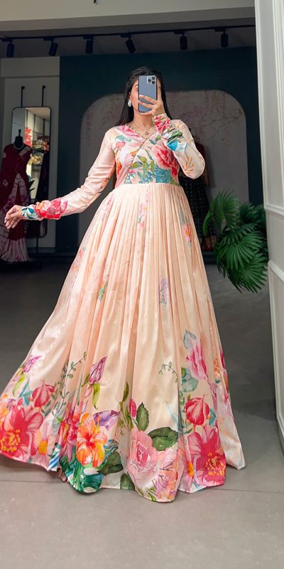 Marvelous Light Orange Color Tussah Silk Floral Printed Gown