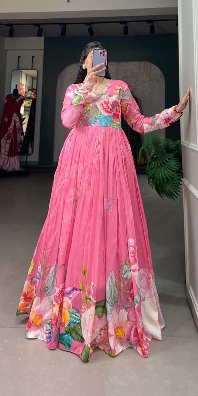 Marvelous Pink Color Tussah Silk Floral Printed Gown
