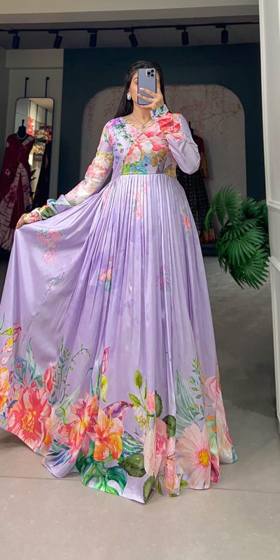 Marvelous Purple Color Tussah Silk Floral Printed Gown
