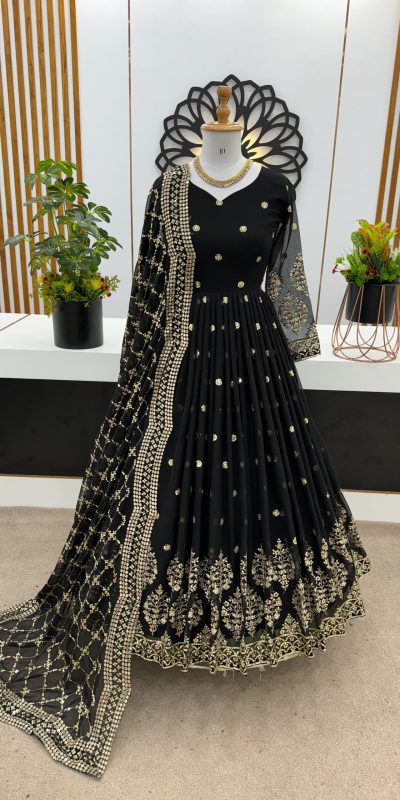 Graceful Black Color Georgette Embroidery Sequence Work Gown