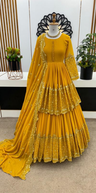 Stunning Yellow Color Faux Georgette With Embroidery Sequence Work Lehenga Choli