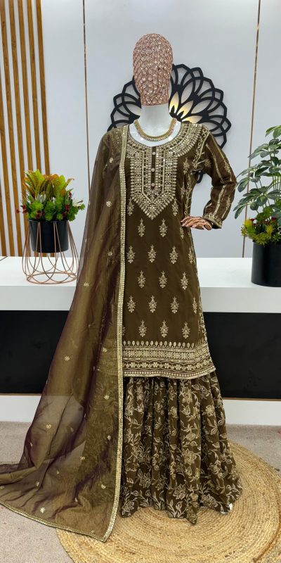 Ravishing Coffee Color Georgette Embroidery Sequence Work Sharara Suit