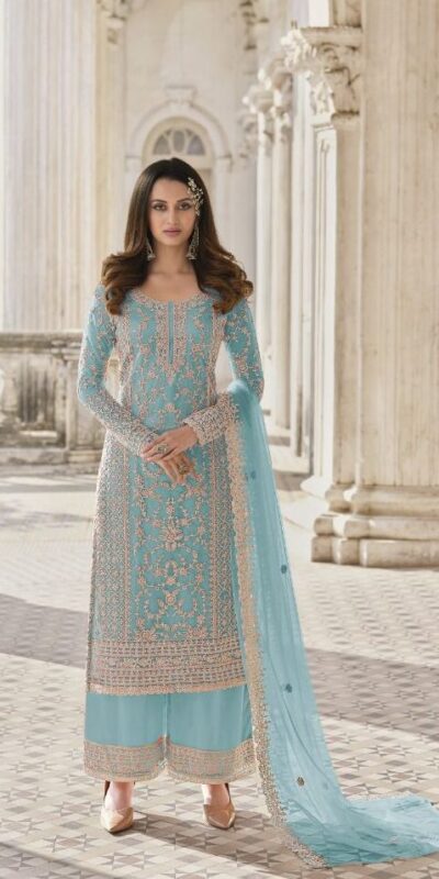S 3304 Sky Blue Top : Butterfly Net Work : Embroidery Work Wedding, Festive, Events Embroidered Sharara @2299 | Salwar suit, Casual Suits, Creative suits, Designer Suits, Palazzo Suits, Party Wear Suits, Straight Suits