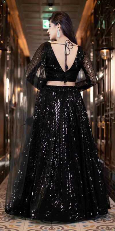 RC-190 Black Lehenga :- Fabric : Heavy Net With Thread Embroidery And Heavy Sequence Work. Blouse :- Fabric : Georgette With Sequence Work | Lehenga, Bollywood Lehenga, Creative Lehenga, Designer Lehenga, Embroidered Lehenga, Party Wear Lehenga