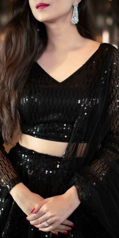 RC-190 Black Lehenga :- Fabric : Heavy Net With Thread Embroidery And Heavy Sequence Work. Blouse :- Fabric : Georgette With Sequence Work | Lehenga, Bollywood Lehenga, Creative Lehenga, Designer Lehenga, Embroidered Lehenga, Party Wear Lehenga