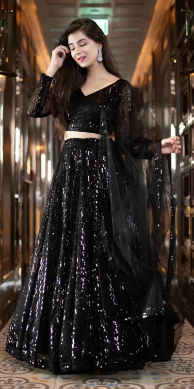 RC-190 Black Lehenga :- Fabric : Heavy Net With Thread Embroidery And Heavy Sequence Work. Blouse :- Fabric : Georgette With Sequence Work | Lehenga, Bollywood Lehenga, Creative Lehenga, Designer Lehenga, Embroidered Lehenga, Party Wear Lehenga