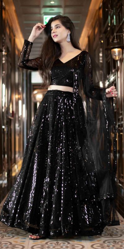 RC-190 Black Lehenga :- Fabric : Heavy Net With Thread Embroidery And Heavy Sequence Work. Blouse :- Fabric : Georgette With Sequence Work | Lehenga, Bollywood Lehenga, Creative Lehenga, Designer Lehenga, Embroidered Lehenga, Party Wear Lehenga