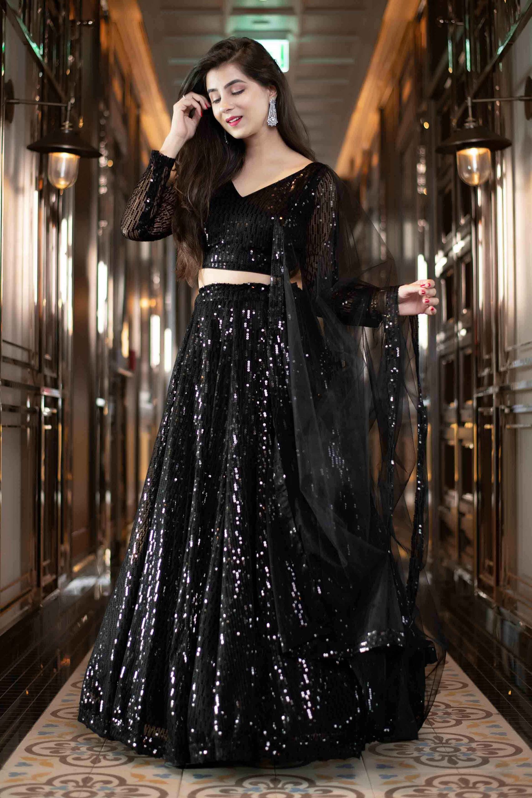 RC-190 Black Lehenga :- Fabric : Heavy Net With Thread Embroidery And Heavy Sequence Work. Blouse :- Fabric : Georgette With Sequence Work | Lehenga, Bollywood Lehenga, Creative Lehenga, Designer Lehenga, Embroidered Lehenga, Party Wear Lehenga
