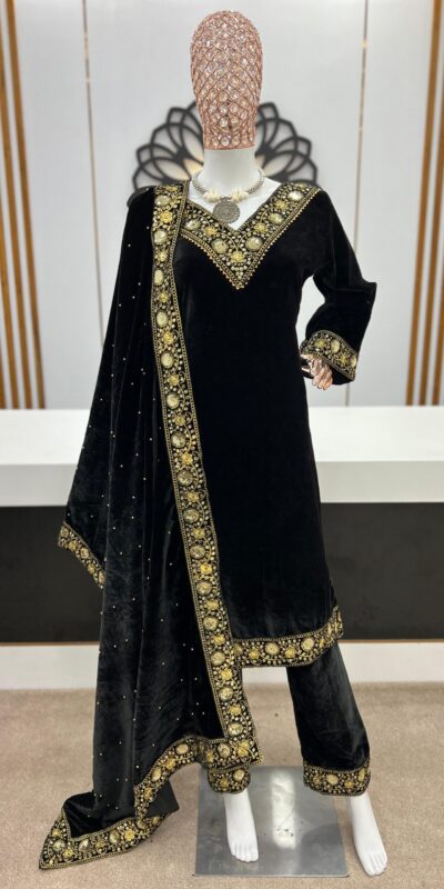 NSR 780 Black Color Gown Viscose Velvet with Embroidery Sequence Work Inner : Micro Cotton Traditional Wear, Wedding, Festive, Events. @2149/- | Salwar suit, Casual Suits, Creative suits, Designer Suits, Palazzo Suits, Party Wear Suits, Straight Suits