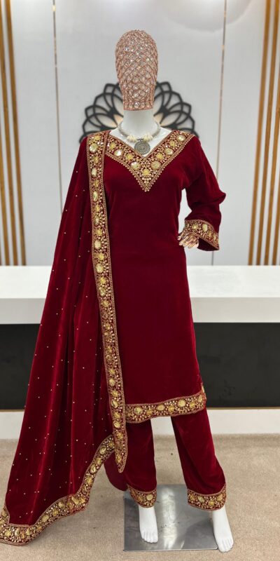 NSR 780 Maroon Color Gown Viscose Velvet with Embroidery Sequence Work Inner : Micro Cotton Traditional Wear, Wedding, Festive, Events. @2149/- | Jump Suits, Salwar suit, Casual Suits, Creative suits, Designer Suits, Palazzo Suits, Party Wear Suits, Straight Suits