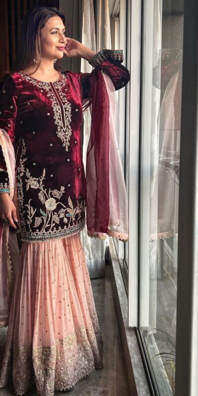 KD 1138 Maroon Top : Heavy Velvet Work : Thread Work Wedding, Party, Festive, Events Etc. Thread Work Sharara @2049 | Casual Suits, Salwar suit, Creative suits, Designer Suits, Palazzo Suits, Party Wear Suits, Straight Suits
