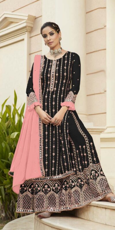 FC 9704 Black Pink Top : Georgette Work : Embroidery Work, Mirror Work Wedding, Festive, Events Black Georgette Embroidered Sharara @2099 | Salwar suit, Casual Suits, Creative suits, Designer Suits, Palazzo Suits, Party Wear Suits, Straight Suits
