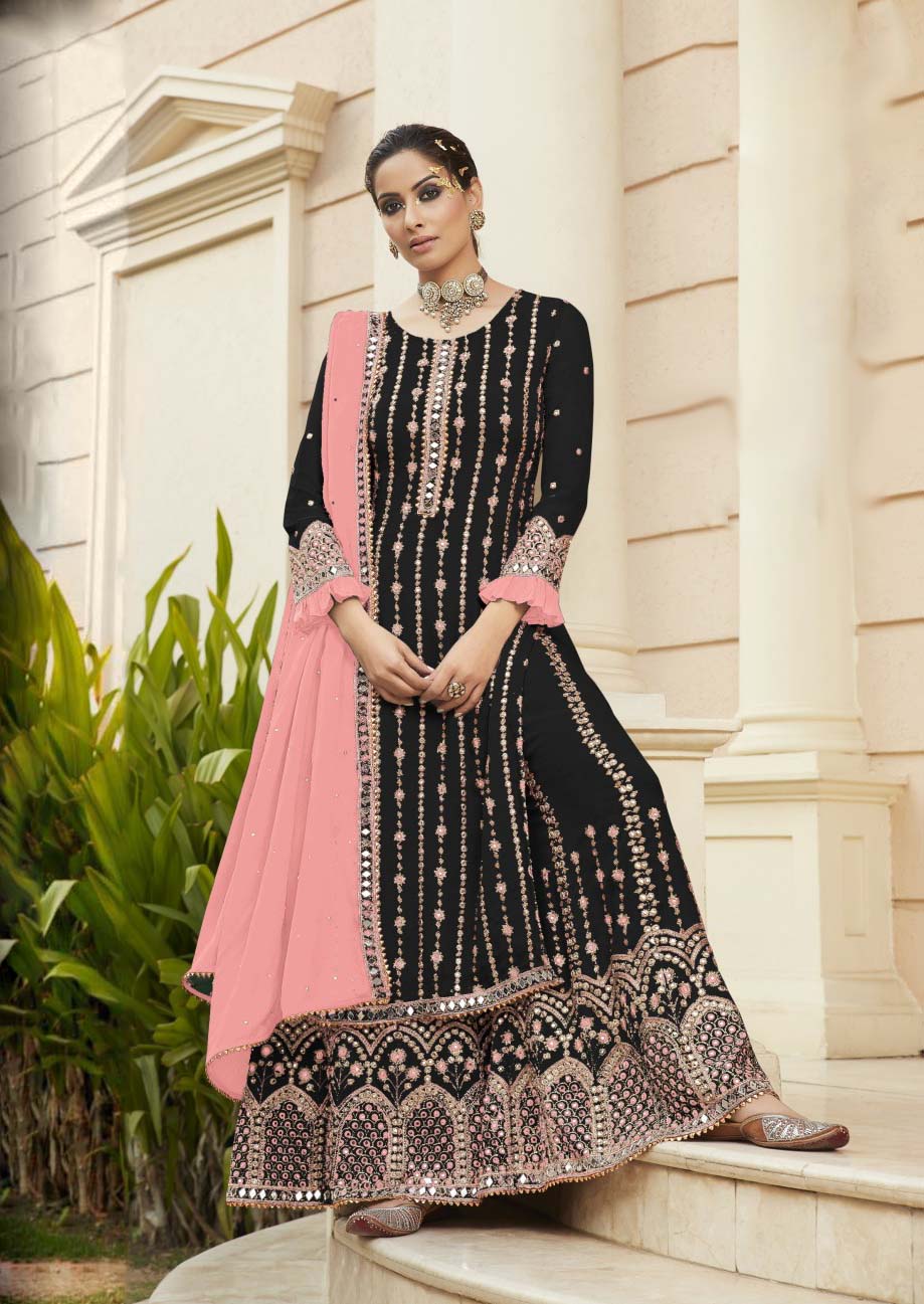 FC 9704 Black Pink Top : Georgette Work : Embroidery Work, Mirror Work Wedding, Festive, Events Black Georgette Embroidered Sharara @2099 | Salwar suit, Casual Suits, Creative suits, Designer Suits, Palazzo Suits, Party Wear Suits, Straight Suits