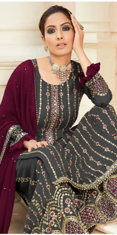 FC 9704 Black Wine Top : Georgette Work : Embroidery Work, Mirror Work Wedding, Festive, Events Black Georgette Embroidered Sharara @2099 | Salwar suit, Casual Suits, Creative suits, Designer Suits, Palazzo Suits, Party Wear Suits, Straight Suits