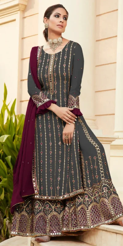 FC 9704 Black Wine Top : Georgette Work : Embroidery Work, Mirror Work Wedding, Festive, Events Black Georgette Embroidered Sharara @2099 | Salwar suit, Casual Suits, Creative suits, Designer Suits, Palazzo Suits, Party Wear Suits, Straight Suits