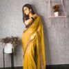 Brilliant Yellow Color Printed Georgette With Sequence Embroidery Lace Saree